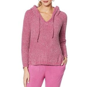 Vintage America Chenille Knit Hoodie Pullover Large Dusty Rose‎